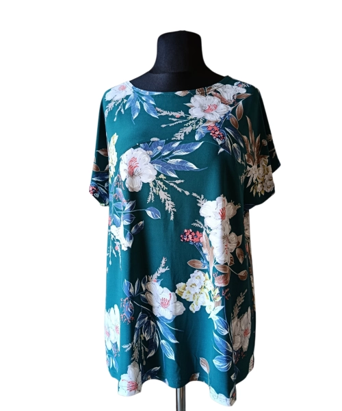 Szmaragdowa tunika z krótkim rękawem kimono - białe kwiaty